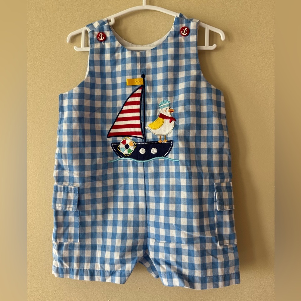 Good Lad Blue and White Checkered Baby Romper, nautical theme sailboat seagull